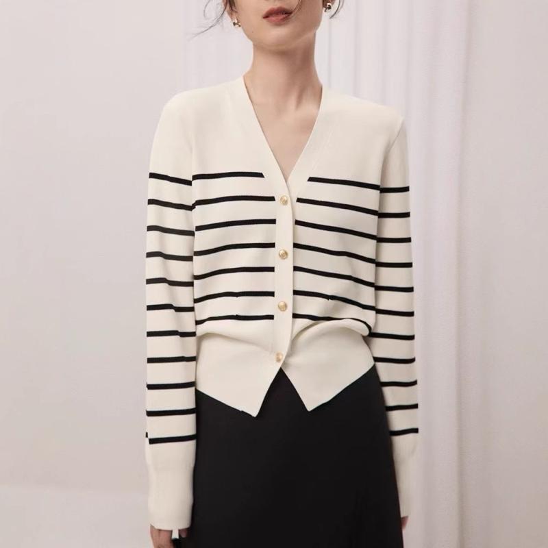 Long-Sleeved Knit - ニットカーディガン レディース 黒白ストライプ Vネック 長袖 薄手 スリム 正肩 春秋 フレンチスタイル ニットトップス アウター 上衣