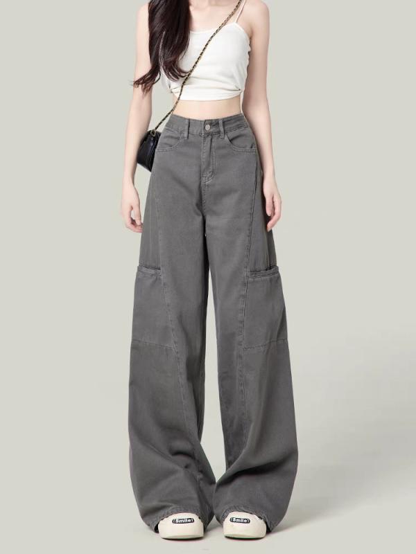 Rakuten - カーゴパンツ レディース ワイドレッグ デニム グレー ルーズ スリム 小柄 梨型体型 直筒 ワークスタイル ゆったり 脚長効果