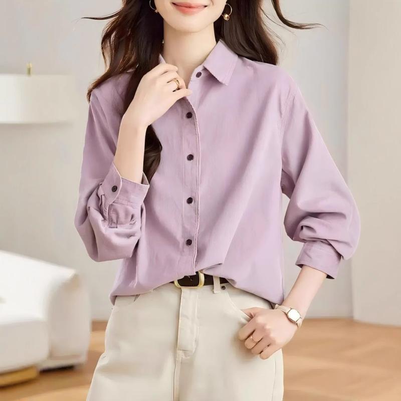 長袖シャツ レディース 韓国風 復古 紫 コーデュロイ ゆったり フィット 秋冬 カジュアル トップス レイヤード スタイル 快適 着心地 暖かい 素材 万能 コーデ