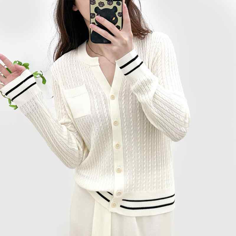 Long-Sleeved Knit - レディース ニットカーディガン Vネック 長袖 絹 羊毛 混紡 ツイストフラワー スリムフィット ベーシック 秋冬 トップス 修身 開襟 百搭 ニット 上衣