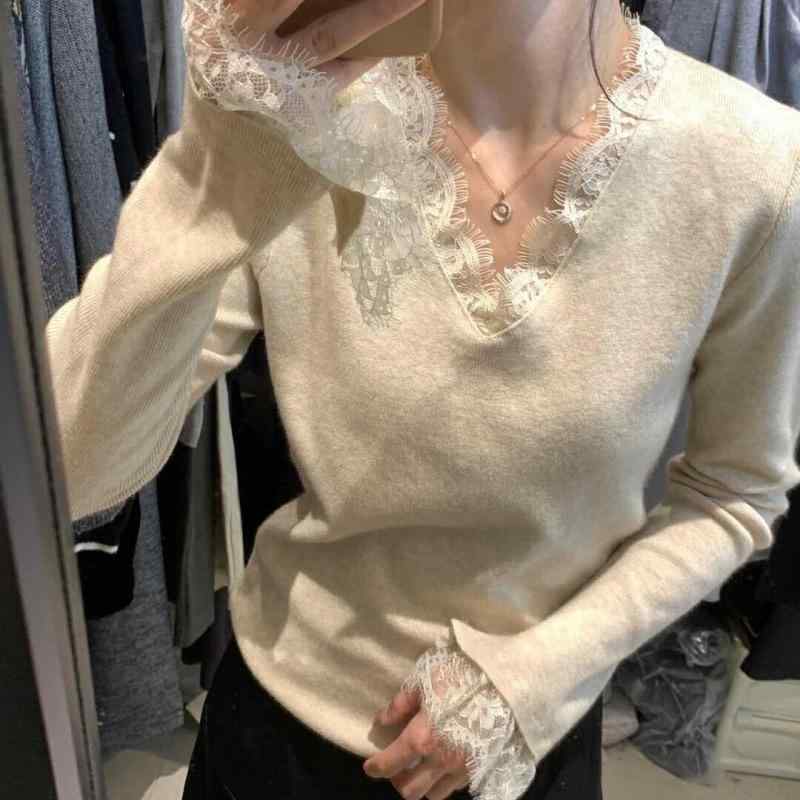 ニットトップス レディース レース Vネック 長袖 春秋 韓国系 デザイン感 インナー 修身 ボディフィット スタイリッシュ レイヤード ス..