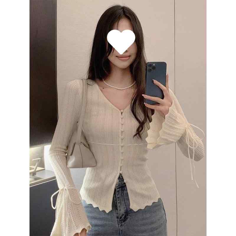 ニットカーディガン レディース セクシー 紐付き 透け Vネック フレア袖 長袖 春秋 スリムフィット インナー ショート丈 トップス