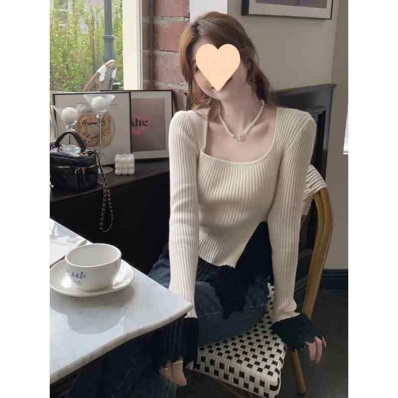 Long-Sleeved Knit - ニット レディース 長袖 レトロ レース スクエアネック 秋冬 スリムフィット スリム見せ インナー トップス 修身 針織衫