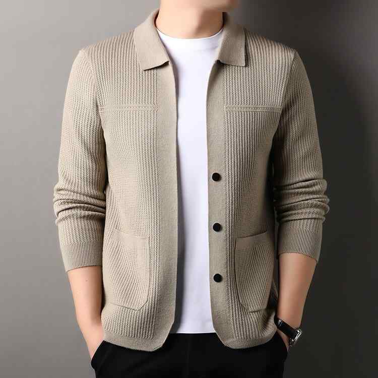 ニットカーディガン メンズ 長袖 ポケット 単色 襟付き 春秋 カジュアル セーター トレンド 開襟 休闲 針織 男士 潮