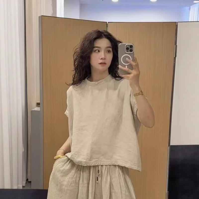 Tシャツ レディース 春夏 ゆったり ルーズフィット シンプル 麻素材 スタンドカラー 無地 プルオーバー カジュアル ベーシック 日常 コ..