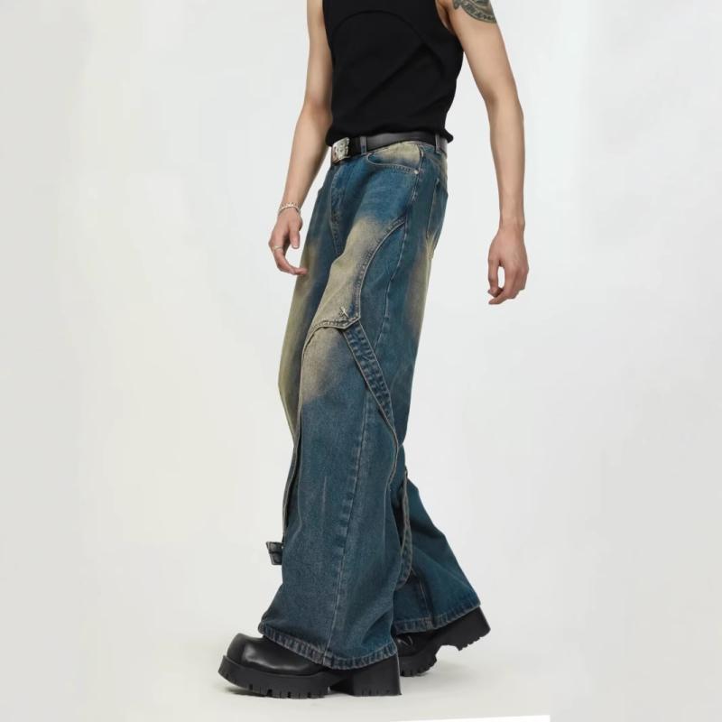 Long-Trousers, Trousers - 春夏 メンズ ロング パンツ デニム ワイド レッグ ルーズ フィット ストレート レッグ 切り替え デザイン ウォッシュド 加工 アメリカン スタイル ストリート ファッション