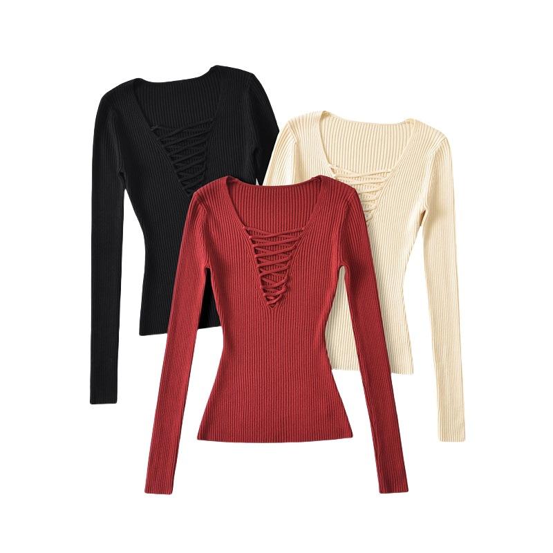 Long-Sleeved Knit - レディース 長袖ニット Vネック 透け 紐デザイン 修身 スリム インナーセーター 接触冷感 吸湿速乾 秋冬