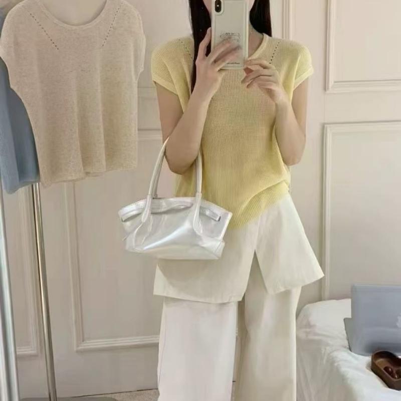 春夏 レディース ニットトップス シンプル 上品 フィット スリム 短丈 ラウンドネック 短袖 背中デザイン 百搭