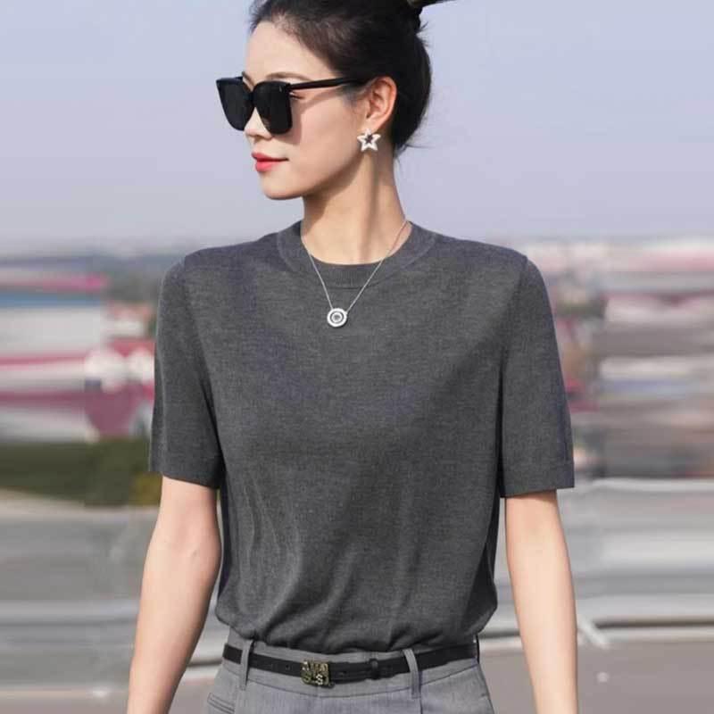 レディース 春夏 ニット Tシャツ 短袖 クルーネック アルファベットプリント カジュアル シンプル 合わせやすい トップス