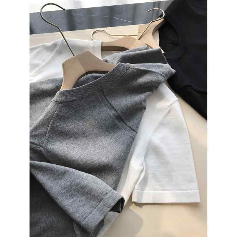 Rakuten - Tシャツ ユニセックス シンプル ミニマル 単色 ラウンドネック 短袖 ニット 背中中央縫い 日常コーディネート 軽やかシルエット 基礎アイテム