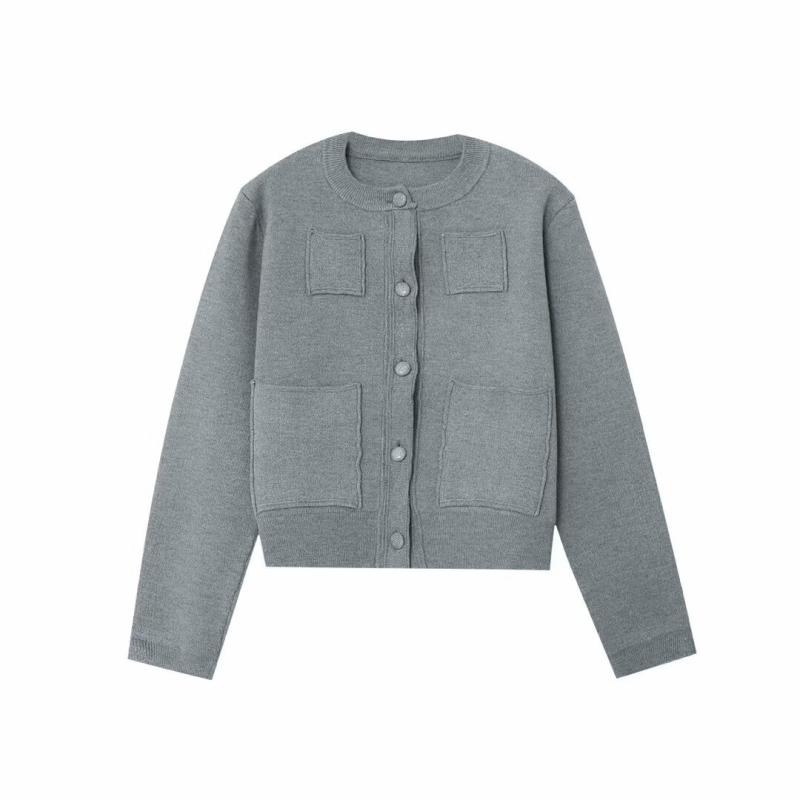 ニットジャケット レディース 長袖 丸領 肩パッド フラットニット シンプル モダン スタイリッシュ ファッション 通勤 オフィス カジュアル ベーシック エレガント 日常使い 春秋