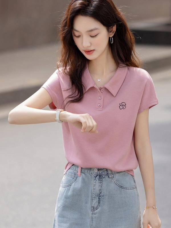 Tシャツ レディース ポロ襟 刺繍 短袖 春夏 シンプル かわいい 気質 ファッション 若返り 上品 優しい 風