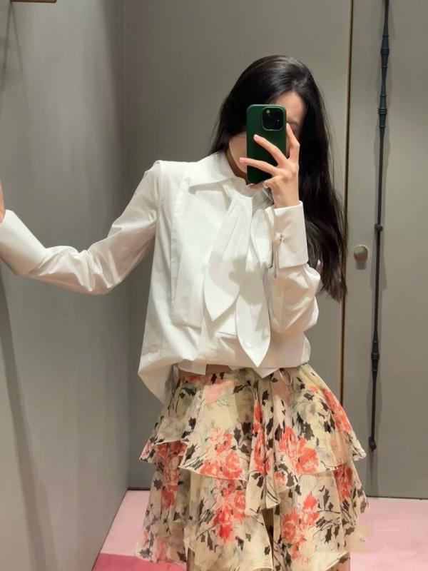 春夏 レディース シャツ 胸元 プリーツ 花結び 襟 ボタン カジュアル 上品 シンプル 合わせやすい