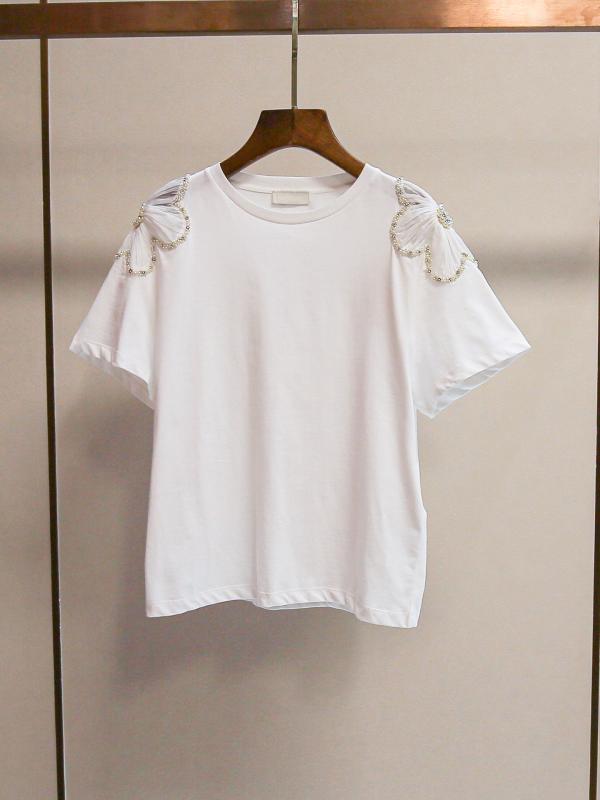 Tシャツ レディース 春夏 おしゃれ ファッショナブル スタイリッシュ ゆったり スリム シンプル デザイン ビーズ 花柄 ホワイト 短袖