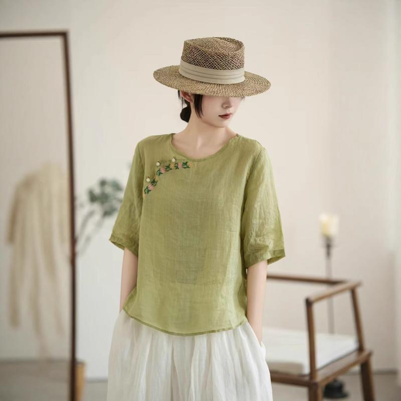 シャツ レディース 春夏 刺繍 ゆったり ラミー 麻 丸首 盤扣 シンプル レトロ ヴィンテージ アーティスティック ボヘミアン エスニック ルーズ スタイル デザイン 上品
