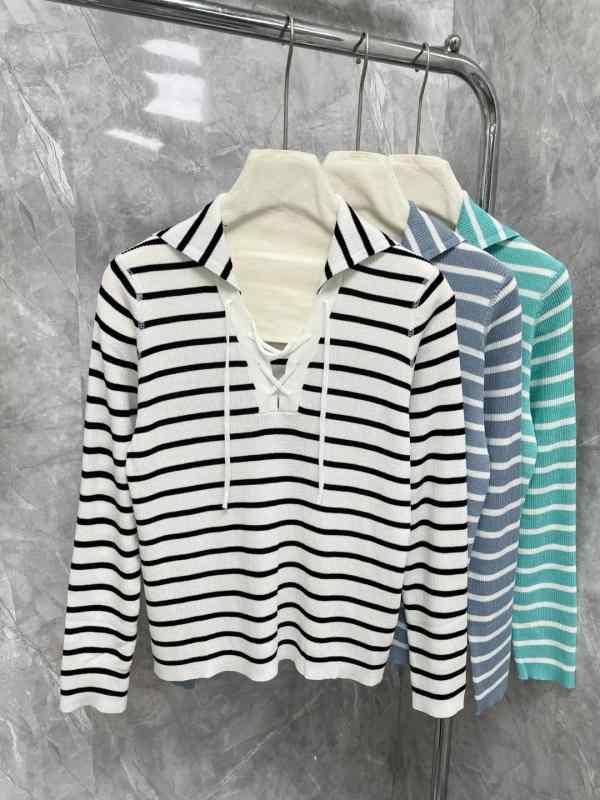 春夏 レディース 長袖 ニットトップス クラシック ストライプ アルファベット 織り柄 セーラーカラー 紐結び 半開き胸元 高級感