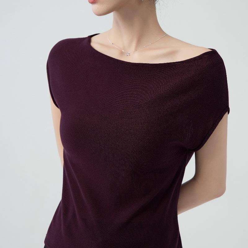 Tシャツ レディース 春夏 韓国系 ボートネック 無地 高級感 スリム ニット 半袖 再生繊維