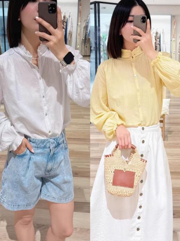 レディース 春夏 ブラウス レトロ シンプル フリル 透け スカロップネック ラッパ袖 無地 ベーシック トップス 通勤 着回し 軽やか コ..