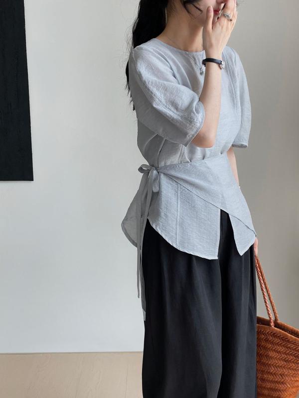 レディース ブラウス 韓国風 テンセル リネン 紐付き スリット 半袖 フェミニン スカート付き 優しい 気質 トップス