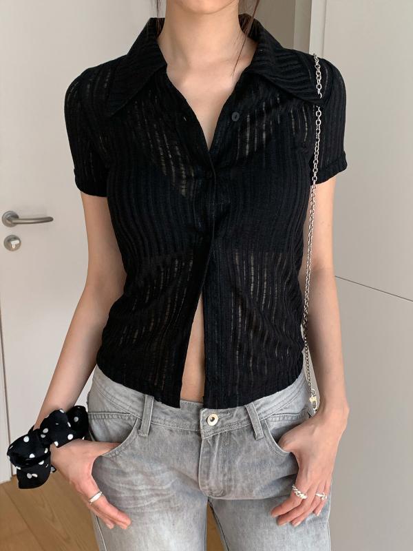 レディース 春夏 半袖シャツ レトロ 高級感 カジュアル 襟付き シングルブレスト 透け 合わせやすい