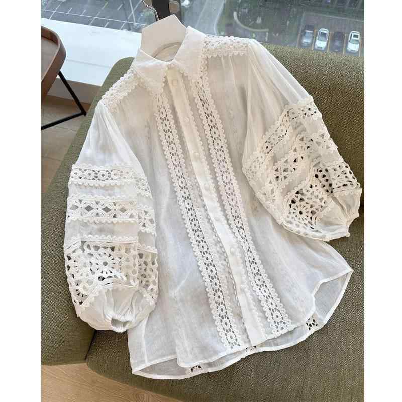 ブラウス レディース 高級感 ニッチ 透かし刺繍 重工 灯籠袖 デザイン リネン麻 軽量 吸湿速乾 春夏 通勤 カジュアル オフィス フェミニン エレガント 洗練