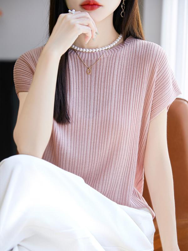 春夏 Tシャツ レディース 短袖 プリーツ 無地 クルーネック ショート丈 ゆったり シンプル 気質