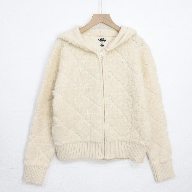 レディース 秋冬 フード付き ジッパー ニットカーディガン バック刺繍 純色 シンプル 暗紋織り