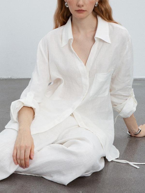 シャツ レディース 長袖 Vネック リネン ゆったり 軽量 シンプル 日焼け防止 快適 リラックス カジュアル 日常着 通勤服 トップス ルーズフィット 天然素材