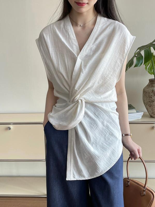 レディース ノースリーブブラウス Vネック ツイストデザイン 気質上品 切り替えトップス 通勤 通学 軽量 吸湿速乾 綿混素材 ブラック ..