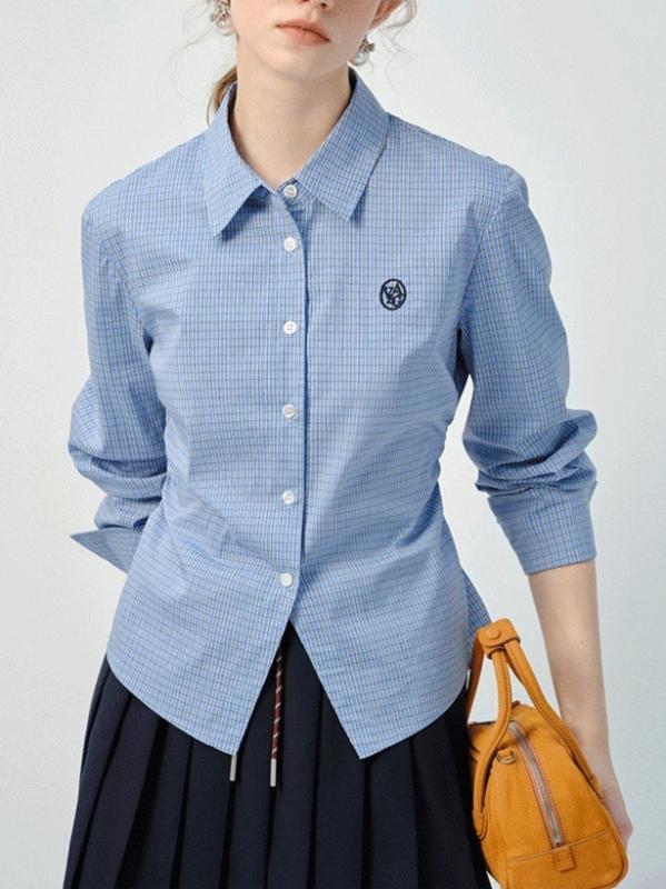 レディース ブラウス 春夏 フレンチ 修身 長袖 チェック柄 ウエストシェイプ シンプル ブルー 白