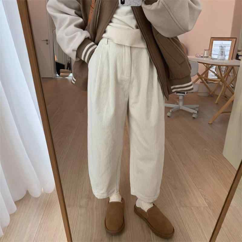 パンツ レディース 奶奶裤 コーデュロイ ハイウエスト ワイドパンツ 加絨 楽ちん 九分丈 秋 冬 カジュアル きれいめ 大人可愛い