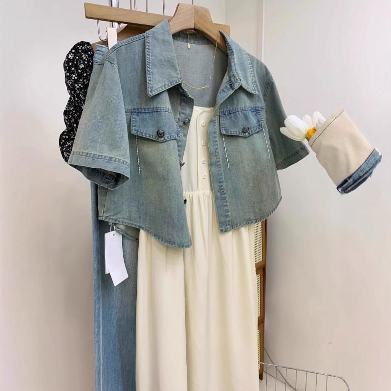 ジャケット レディース デニムジャケット 半袖 短め 小柄さん向け 港風 カジュアル 薄手 接触冷感 細見..