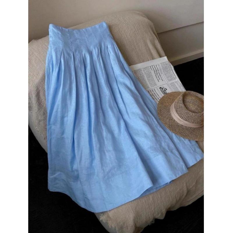 スカート レディース Aライン ハイウエスト 魚骨デザイン ギャザー 体型カバー 細見え 高級感 上品 麻..