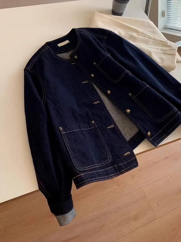 ジャケット レディース 細見え 体型カバー デニム ラウンドネック ゆったり カジュアル 学生 春服 春夏 ダークブルー