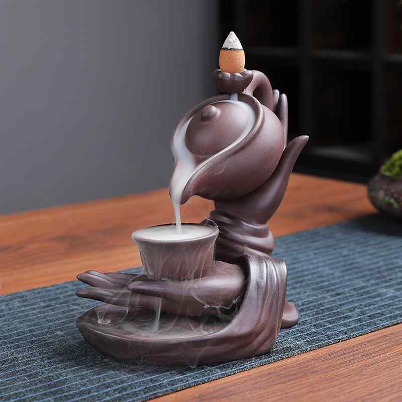 倒流香炉 家庭用 禅 仏手型 陶器 大型 香薫炉 室内 沈香用 置物 紫砂風