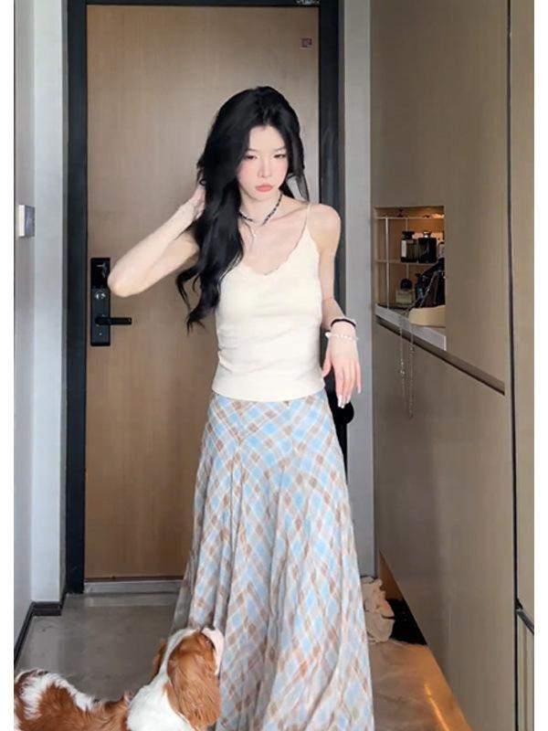 スカート レディース a字スカート ハイウエスト 細見え 体型カバー 垂感 プリーツ加工 格子柄 ロング丈..