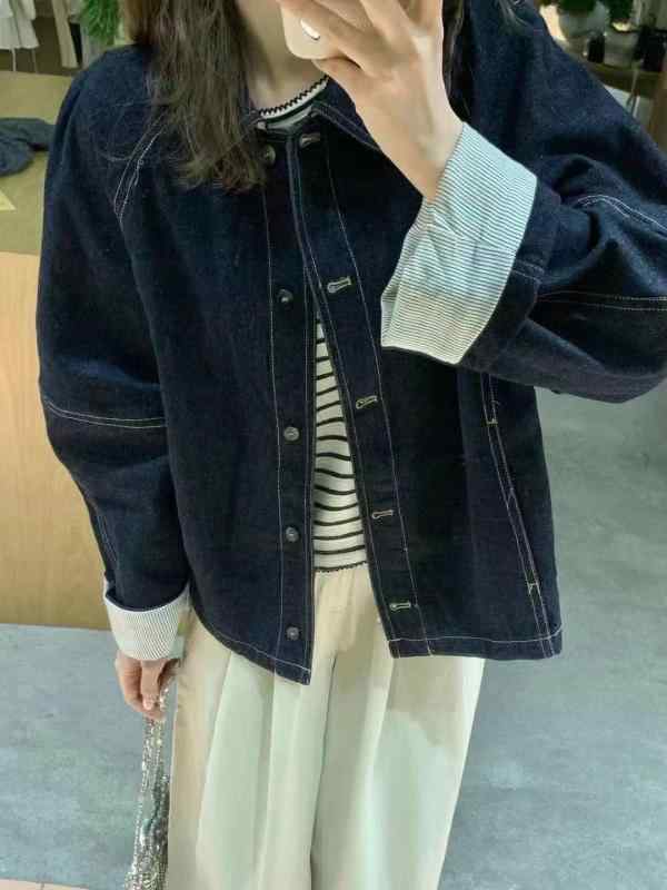 Denim Jacket Ladies Loose Stylish Striped Sleeves Polo Collar Denim Outerwear Sp...
