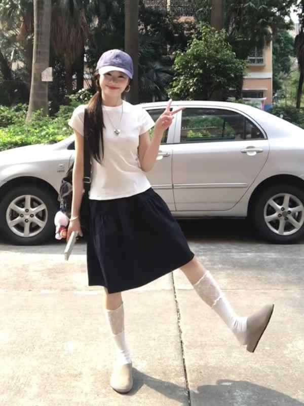 スカート レディース 小柄 細見え 体型カバー a字シルエット ハイウエスト 学院風 休闲 傘スカート 紺..