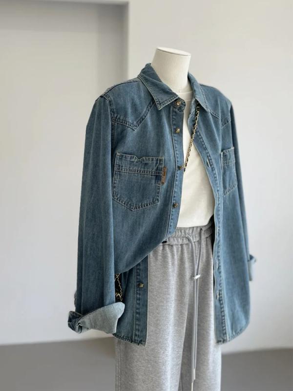 シャツ レディース 長袖 デニムシャツ カジュアル きれいめ 上品 大人可愛い 体型カバー 細見え Vネック V開き 接触冷感 ゆったり 普段使い 通勤 オフィス 春夏 ブルー