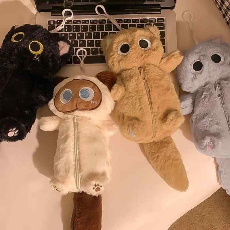 ペンケース 学生 グレー ふわふわ 子猫 かわいい 大容量 文具 収納 デスク インテリア デザイン コンパ..