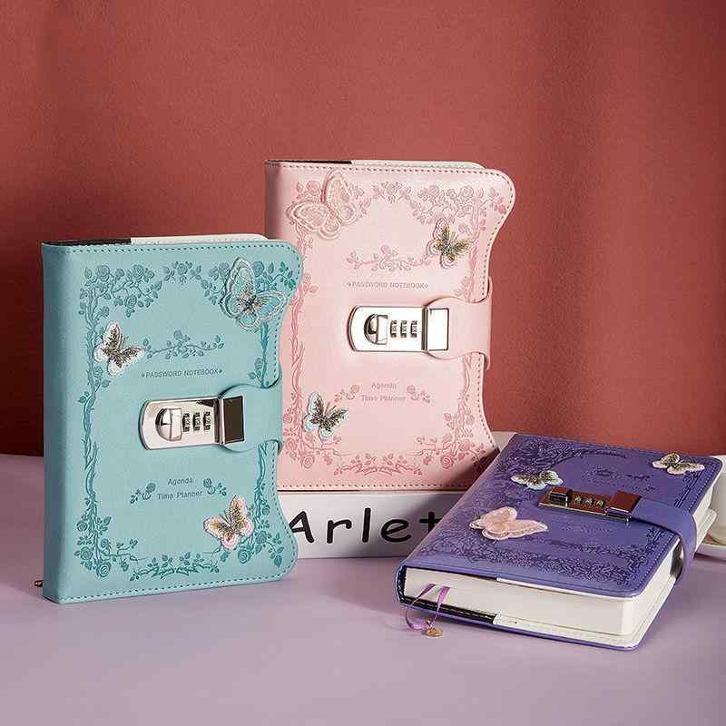 手帳 女子 鍵付き 日記帳 厚手 レトロ 文芸デザイン 学生用ノート 文具 かわいい パスワードロック付き..