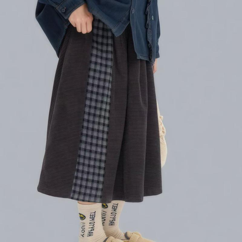 スカート レディース Aライン ハイウエスト チェック柄 切り替え 細見え 上品 きれいめ 大人可愛い レトロ 春秋