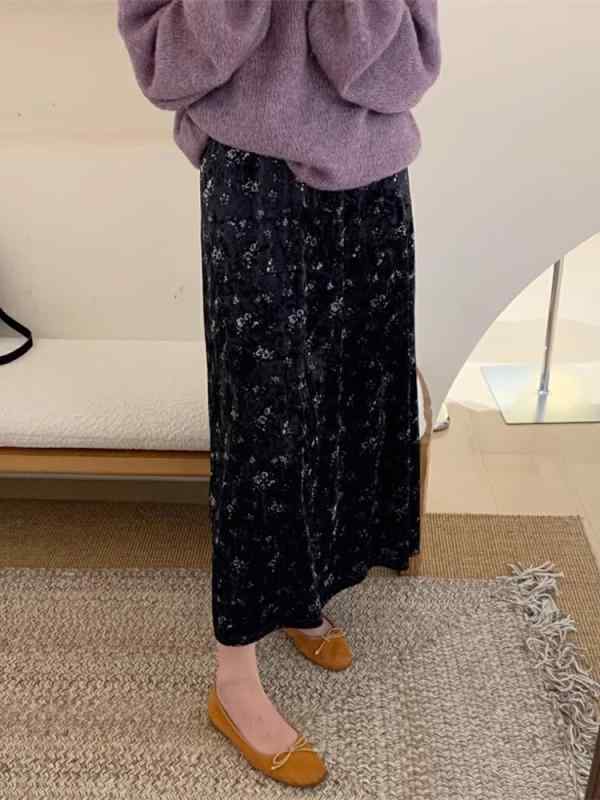 スカート レディース 細見え 体型カバー a字シルエット ハイウエスト ミモレ丈 ベルベット 異素材切り替え 上品 きれいめ 大人可愛い 秋冬 ブラック