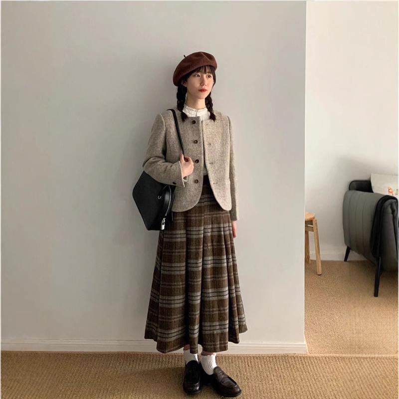 スカート レディース Aライン チェック柄 ウール調 ハイウエスト きれいめ 上品 秋冬 ミモレ丈