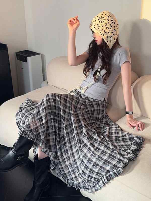 スカート レディース レトロ 格子柄 ハイウエスト 不規則 ヘムライン ミモレ丈 きれいめ 上品 春夏