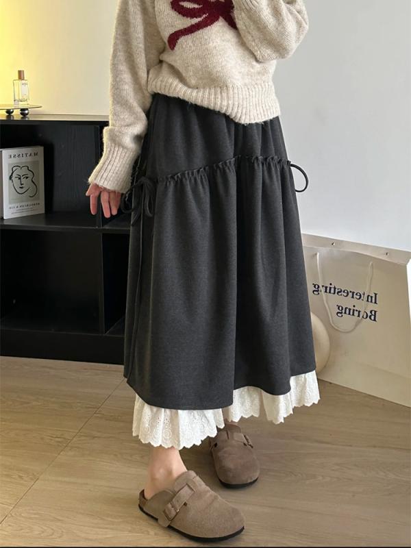 スカート レディース Aライン ハイウエスト 細見え 体型カバー 蝶々結び レース 木耳フリル 切り替え ..