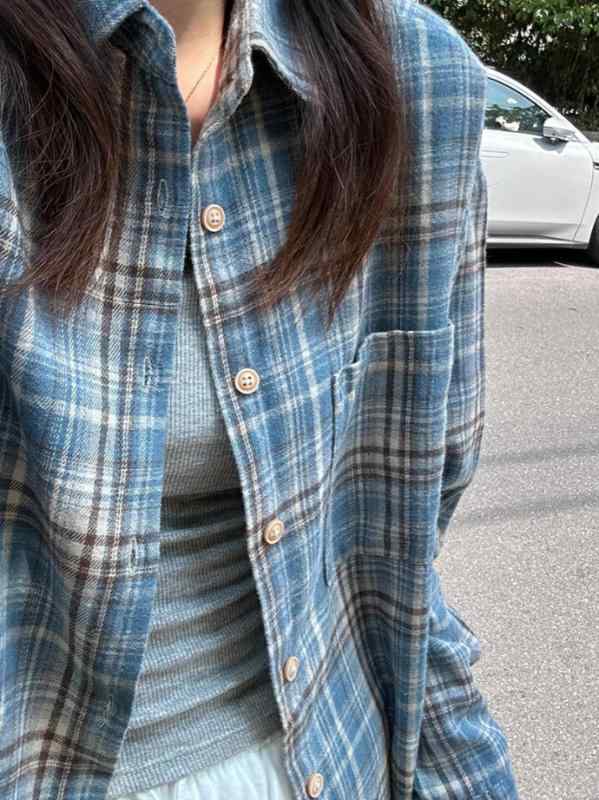 シャツ レディース 長袖 ゆるい 細見え 体型カバー 上品 きれいめ 原宿風 カジュアル 通勤 通学 春秋 チェック柄 ブルー