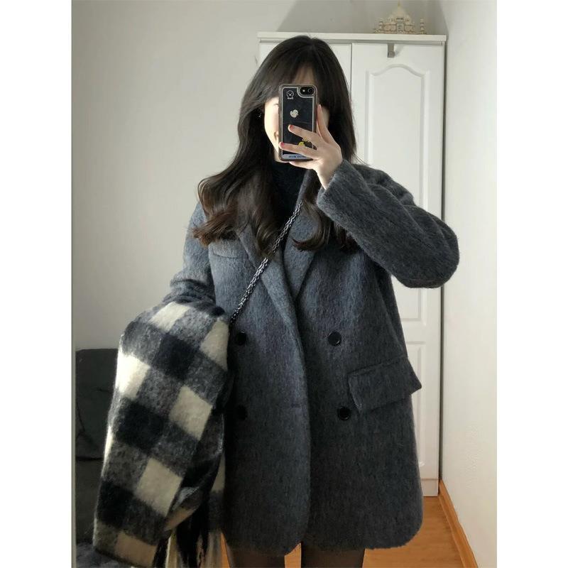 アウター レディース ウールライク 細見え 高級感 ゆったり テーラードジャケット Vネック 長袖 秋冬