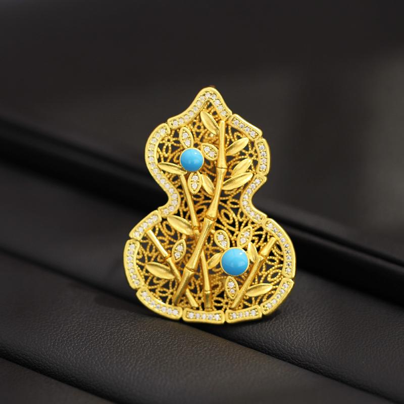 ブローチ 男女兼用 中国風 高級感 ゴールド ひょうたん 富貴竹 モチーフ 伝統技法 優雅 豪華 気品 ユニークデザイン アクセサリー ラッキーアイテム オリエンタル