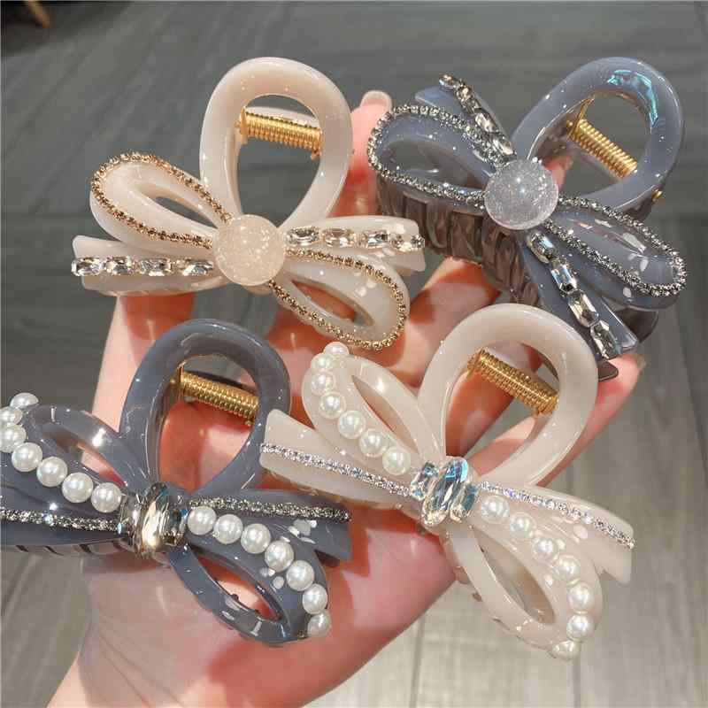 ヘアクリップ レディース 韓国風 ラインストーン 蝶結び 高級感 シャーククリップ 後頭部 ハーフアップ ヘアアクセサリー 髪留め